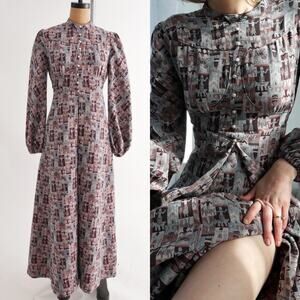 tapestry corset dress Rare 60s Vintage handmade tapestry dress balloon sleeve S